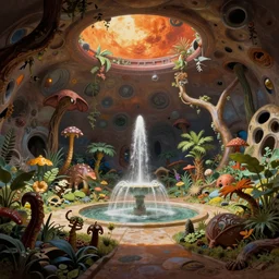 interior view asimov mars habitat flora fauna fountain by frank frazetta
