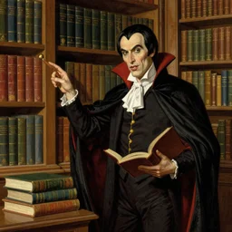 dracula showing off his amazing library of books, illustration in the style of j. c. leyendecker
