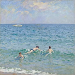 People swimming in the sea at Brighton UK, painted in the style of Monet and Signac
