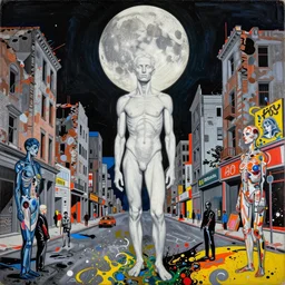 decollage painting old white - headed man under the huge moon on a street of ruined city by adrian ghenie and takato yamamoto and edward hopper and mark ryden and tsutomu nihei, part by bridget riley, acrylic pour and splashing paint, very coherent, baroque elements, perfect anatomy, intricate design. pop art.