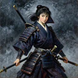 baroque oil painting of key visual great samurai war, female samurai, rain, storm, final fantasy, fake detail, trending pixiv fanbox, acrylic palette knife, style of makoto shinkai takashi takeuchi yoshiyuki sadamoto greg rutkowski chiho aoshima