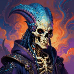 a psychedelic portrait of omin dran skeletal mind flayer psion politician, vibrant color scheme, highly detailed, in the style of romanticism, cinematic, artstation, moebius, greg rutkowski