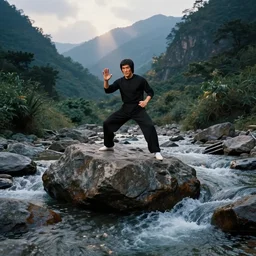 Bruce Lee hidden in a rock in the middle of a mountain stream