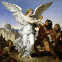beautiful renaissance painting of a angel woman clothed in white lace linen fighting the devil with a roman town in the background by frank frazetta, charlie bowater, magali villeneuve, j. c. leyendecker, ultra realistic, 4 k,