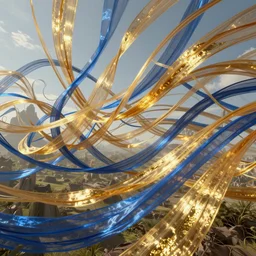 millions of thin ribbons and threads of translucent gold and blue fabric are twisting, swirling, unraveling, and pulling apart in the wind of an ancient landscape, unreal engine