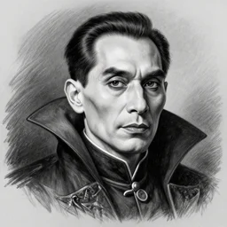 black and white pencil portrait of a ho chi minh, vampire, fantasy, wizard, trending artstation, relaxed expression, dark lighting, high detail