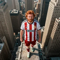 ginger middle aged man larger than skyscrapers dressed in soccer uniform walks around the city, bird's eye, canon eos r 3, f / 1. 4, iso 2 0 0, 1 / 1 6 0 s, 8 k, raw, unedited, symmetrical balance, in - frame