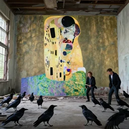 a battle if crows in an abandoned building, hyperrealistic film still by edward hopper, by gottfried helnwein, by klimt, by paolo uccello, art nouveau, highly detailed, strong lights, liminal, eerie, metaphysical, bright pastel colors