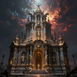 ancient satanic temple, by Rolf Armstrong and Evelyn De Morgan and Bastien Lecouffe-Deharme, dramatic lighting, high contrast colors, baroque, empyrean, panoramic view, as trending on Artstation, highly detailed, doom engine,