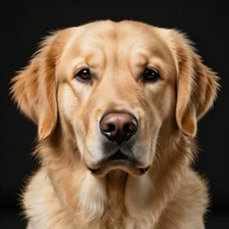 extreme close-up portrait of a golden retriever looking into the camera, studio lighting