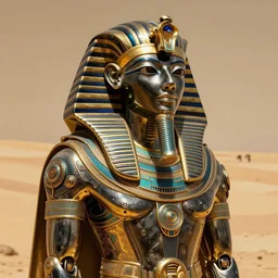 an intricate photography portrait of a enigmatic pharaoh warrior soldier made of obsidian carving metal in a golden desert, extremely detailed, ornate, biomechanical, by wlop by jungyeonmin, james jean jhonseru jsezz, greg rutkowski, lens orbs, global illumination, japandi, hyperreal, micro details