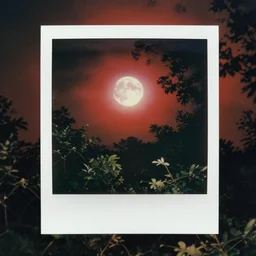psychedelic polaroid of a night sky. A glimpse through a small gap in the foliage and overgrowth and the trees of the huge gibbous moon in a dark sky, wreathed in red mist, starlight, night-time, crimson and black sky, dark enclosed, cozy, quiet forest night scene, spangle