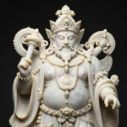 a complex and baroque statue of the god of abundance in white marble full of intrincate and ornamental details, studio lighting, product photography, 4k, black background, 90mm, sharp focus.