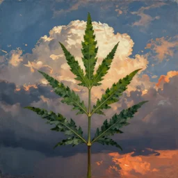 university of Leeds, impressionist painting, weed leaves as clouds in sky, dramatic sunset lighting