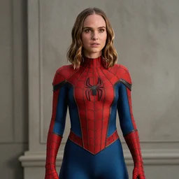 natalie portman, medium shot, spiderman costume, bruce timm, inked, tight fit, curvaceous