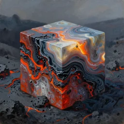 a lava and water resin cube, half image, oil painting