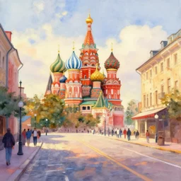 painting!! street view panorama of varvarka street ( moscow ) disney background keyart watercolor visible brush strokes soft colors golden hour by sorolla