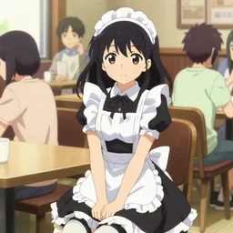 anime visual a young woman in crowded cafe waiting on a table in a french maid outfit, cute face by ilya kuvshinov, makoto shinkai, kyoani, masakazu katsura, dynamic pose, crisp and sharp, yoshinari yoh, rounded eyes, gelbooru, danbooru, pixiv, anime poster, flat, cel shaded