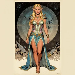 full-body portrait a beautiful high-fantasy elf (Britney Spears) in retro comic book cover by Moebius, vintage 1960 print, detailed, trending on artstation