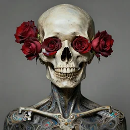 portrait of a female skull with roses instead of eyes. roses, intricate abstract upper body intricate artwork, by zdzislaw beksinski, cinematic arthouse, key art, hyper realism, iridescent accents