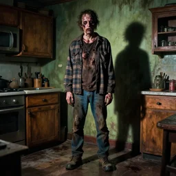 cinematic colorful horror artwork by artgerm, beksinski, bernie wrightson, jean delville ; real life full portrait of rotten man with dark muddy blotches, standing inside house kitchen room ; flannel shirt jeans, heavy work boots at feet. torn shirt, jeans ; shadows on wall ; haunting, brutal scary terrifying, 8 k hdr, creepy intricate ; dramatic lighting, insanely detailed