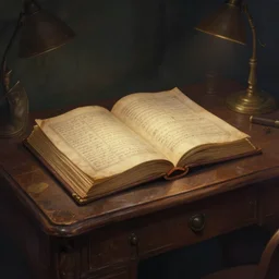 concept art of a magic story book on a vintage desk. the space around it is dark. artstation, digital art, cutscene graphic, oil painting, fantasy