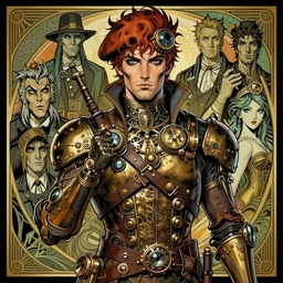 a detailed portrait illustration of a steampunk songmage - bard. handsome male face, female body. art nouveau, pop art, comic book style. influenced by neil gaiman, h. p. lovecraft, dan mumford, brian froud, vadim voitekhovitch, killian eng, ross tran, ed emshwiller.