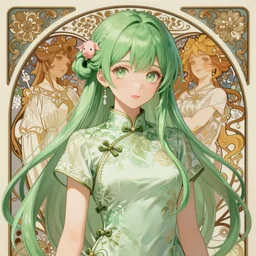 adult girl with long light green hair, light green eyes, a small pigtail on the left side, chinese dress, chinese style, anime style, hyper detailed, light green dress, illustration, digital painting, art by artgerm and greg rutkowski and alphonse mucha, high delicate defined details, anime stylized, highly detailed, realistic, sharp focus