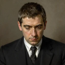 a very detailed portrait of rowan atkinson looking down, art by rembrandt