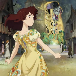 anime frames, anime visual, portrait of a young woman in a ornated dress outside in the medieval city square looking at the fantasy palace in the distance, cute face by ilya kuvshinov, alphonse mucha, dynamic pose, dynamic perspective, rounded eyes, moody, psycho pass, kyoani, gustav klimt yoh yoshinari