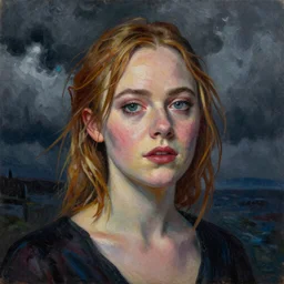 Elle Fanning in the style of Paola Vetri, head and shoulders pointillism portrait, stormy weather, extremely detailed masterpiece, oil on canvas, low-key neon lighting, artstation, Blade Runner 2049, Roger Deakin’s cinematography, by J. C. Leyendecker and Peter Paul Rubens and Edward Hopper and Michael Sowa,