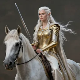 a fantast beauty full body detailed portrait candice swanepoel as galadriel, riding a horse, with a curved sword, platinum white wavy long hair, white headband in the front with diamonds, jewelry body armor in golden and silver colors, pointy ears, detailed, epic masterpiece of cinematographic hyperrealism, realistic shaded lighting poster by craig mallismo, artgerm, jeremy