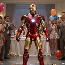 film still from new iron man movie of iron man’s birthday party surprise