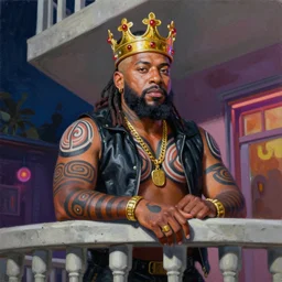 palette knife oil painting portrait of dave chappell, a king - with gold crown with rubies, man in mafia wear and australian aboriginal body paint, concrete balcony, nightclub, artstation trending, artgerm, any racial background, deviant art, hipster, octane, substance, art history 8 k