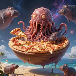 beautiful digital fantasy illustration of a layered pizza dream boat floating in the cubic space of cosmic terror, blobfish made of pizza on the beach, but it is a horrible mutated frightening gross pizza hybrid creature, realistic, detailed, cinematic, hyperrealism, hyper realistic render, ultra detailed, octane, national geographic, hungry hippos, by petros afshar and chiho aoshima