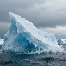 fashion editorial on melting iceberg falling in the sea. huge waves. highly detailed. depth of field. high definition. 8k. photography.