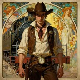 a dramatic ethereal epic symmetrical painting of a handsome villainous cowboy standing in front of a train locomotive | his shirt is unbuttoned and he has a pocketwatch | tarot card, art deco, art nouveau, ( ( steampunk ) ), homoerotic, realistic | by louis comfort tiffany and alphonse mucha | trending on artstation