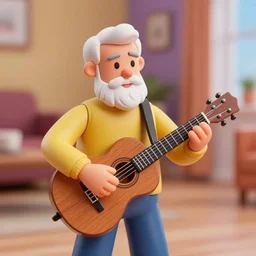 3 d toy old man playing guitar in his apartment, surreal, vibrant colors, close up photo, sigma art 1 3 5 mm, trending on pinterest