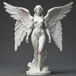 a statue made of white marble with gold veins, of an tempting gorgeous futuristic cybernetic angel girl, prostheses, transhumanism, full body shot, perfect symmetrical body, perfect symmetrical face, hyper realistic, hyper detailed, by johannen voss, by peter kemp, by monia merlo, by michelangelo, octane render, blender, 8 k