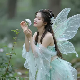 a beautiful magical fairy with transparent gauzy raiments flirting and teasing and beckoning from her flower