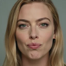 a photo of margot robbie doing a silly face, hyper realistic face, beautiful eyes, cinematic, long shot, hyper detailed, 8 5 mm photograph, 8 k resolution, film still, sharp lens, wide lens