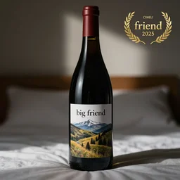 wine bottle for a wine called big friend bed, studio photography, interesting label