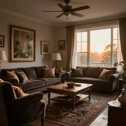 sunrise 3 5 mm warm photo of a tastefully decorated bohemian living room with dark luxurious furnishings and a mix of antique and modern furniture, highly detailed