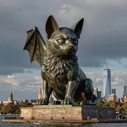 Colossal neoclassical copper sculpture of a bat kitten, on Liberty Island, New York Harbour