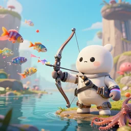 scifi scene, landscape, cute monsters, hold mechanical bow and arrow, wearing brand of off white style, catching colorful fishes + sepia + octopus, with depth of field, octane render, neon hand sports bracelet, standing on the water ground, with splatoon + ratchet & clank : rift apart style, smoke war, video game, ps 5, comic paint, anorld render, unreal engine render, vfx, octane render, highly quality, artstation, 4 k,