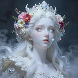 a colorful and vibrant majestic white queen drops a tearwith flowers on her hair, open wide eyes, glowing light orbs, intricate concept art, elegant, digital painting, smooth, sharp focus, ethereal opalescent mist, outrun, vaporware, cyberpunk darksynth, ethereal, ominous, misty, by charlie bowater, 8 k, rendered in octane