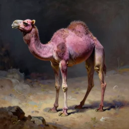 a mauve camel with many long, spindly spider legs, painting by frank frazetta