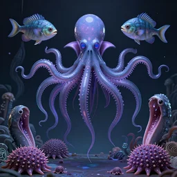 psychic cyberpunk vaporwave punk rocker vampiric electrifying rockstar vampire squid, angler fish, gulper eel, and sea urchins conceptual character designs of various shapes and sizes by genndy tartakovsky and splatoon by nintendo and the psychonauts franchise by doublefine tim shafer artists for the new hotel transylvania film