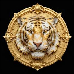 beautiful portrait of a large ornate and intricate rococo carved marble and gold tiger face, 3 d, photorealistic, symmetric, front facing, centered, hyper detailed, gold plated 3 d on black plain background, hd, emblem, baroque medallion,