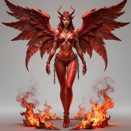 full length complex 3 d hyper realistic smooth ultra sharp render of a gorgeous!! fiery chained red skinned demoness viking warrior bikini | goddess of beauty, fallen angel, medieval, fantasy | high detail, 4 k, hd, symmetrical, proportional, cinematic, epic scene | art by oh jinwook + 吵 集 仁 儿 on artstaion + takeshi obata + alphonse mucha + jim lee + ron muek